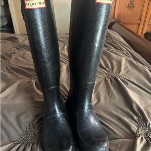 Hunter Navy Blue Sparkle Tall Rain Boots